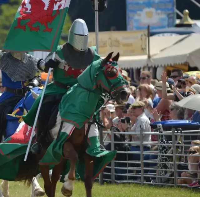 A knight in a green caparison carrying a dragon banner rides past the showground crowd