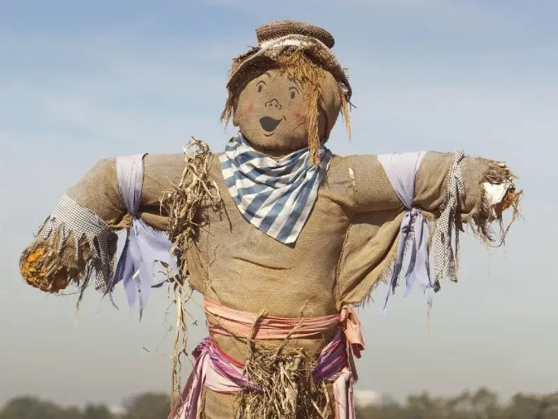 A traditional straw-stuffed scarecrow with a hand-painted face, neckerchief and hat standing against a blue sky