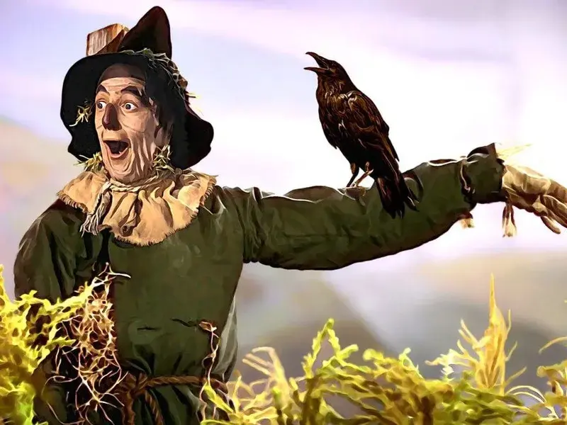 An illustrated scarecrow looking startled as a bold crow perches on its outstretched arm